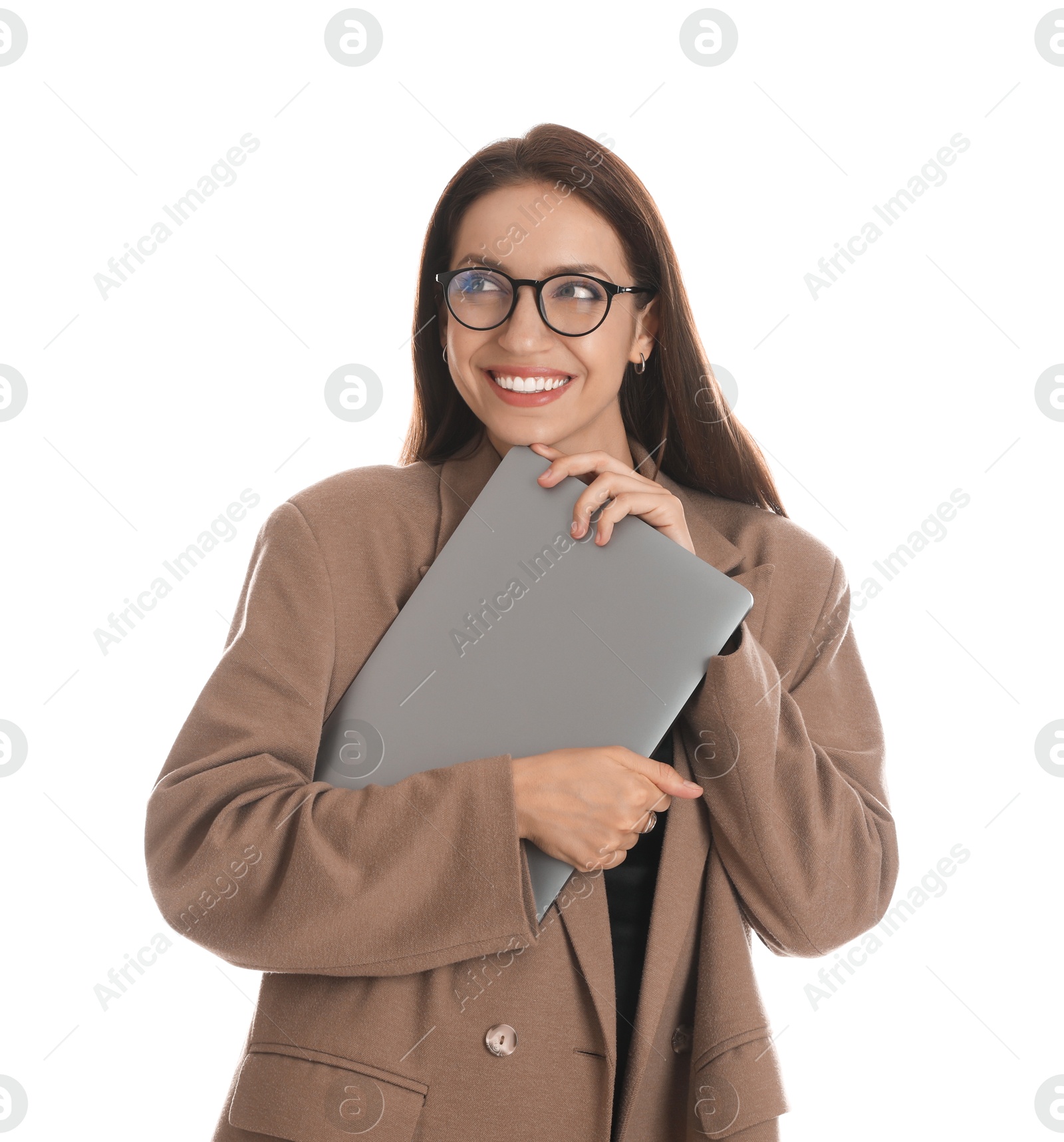 Photo of Beautiful woman in stylish brown jacket, glasses and black dress with laptop on white background