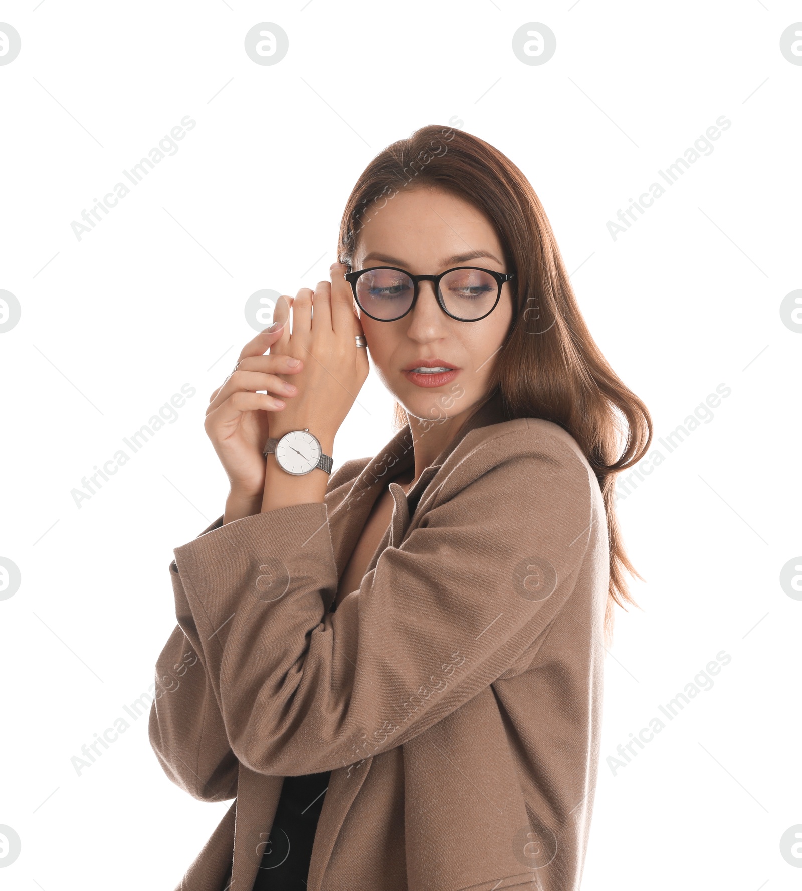 Photo of Beautiful woman in stylish brown jacket, glasses and black dress on white background