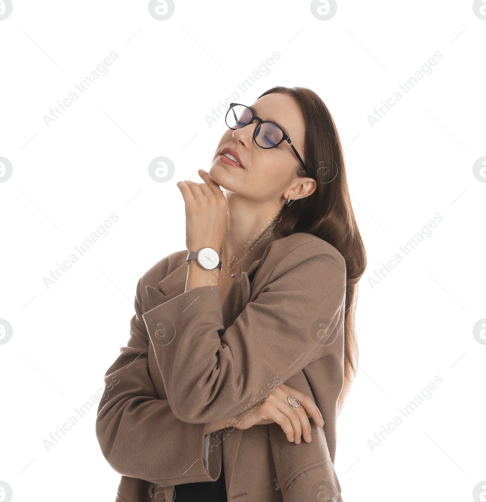 Photo of Beautiful woman in stylish brown jacket, glasses and black dress on white background