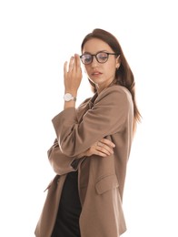 Beautiful woman in stylish brown jacket, glasses and black dress on white background