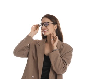 Photo of Beautiful woman in stylish brown jacket, glasses and black dress on white background