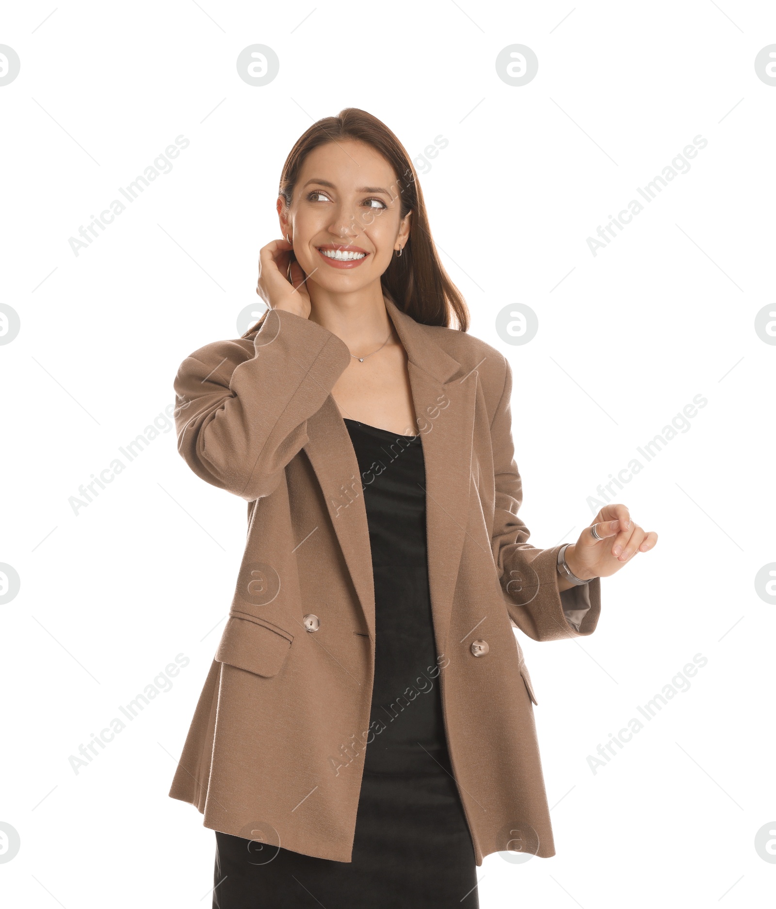 Photo of Beautiful woman in stylish brown jacket and black dress on white background