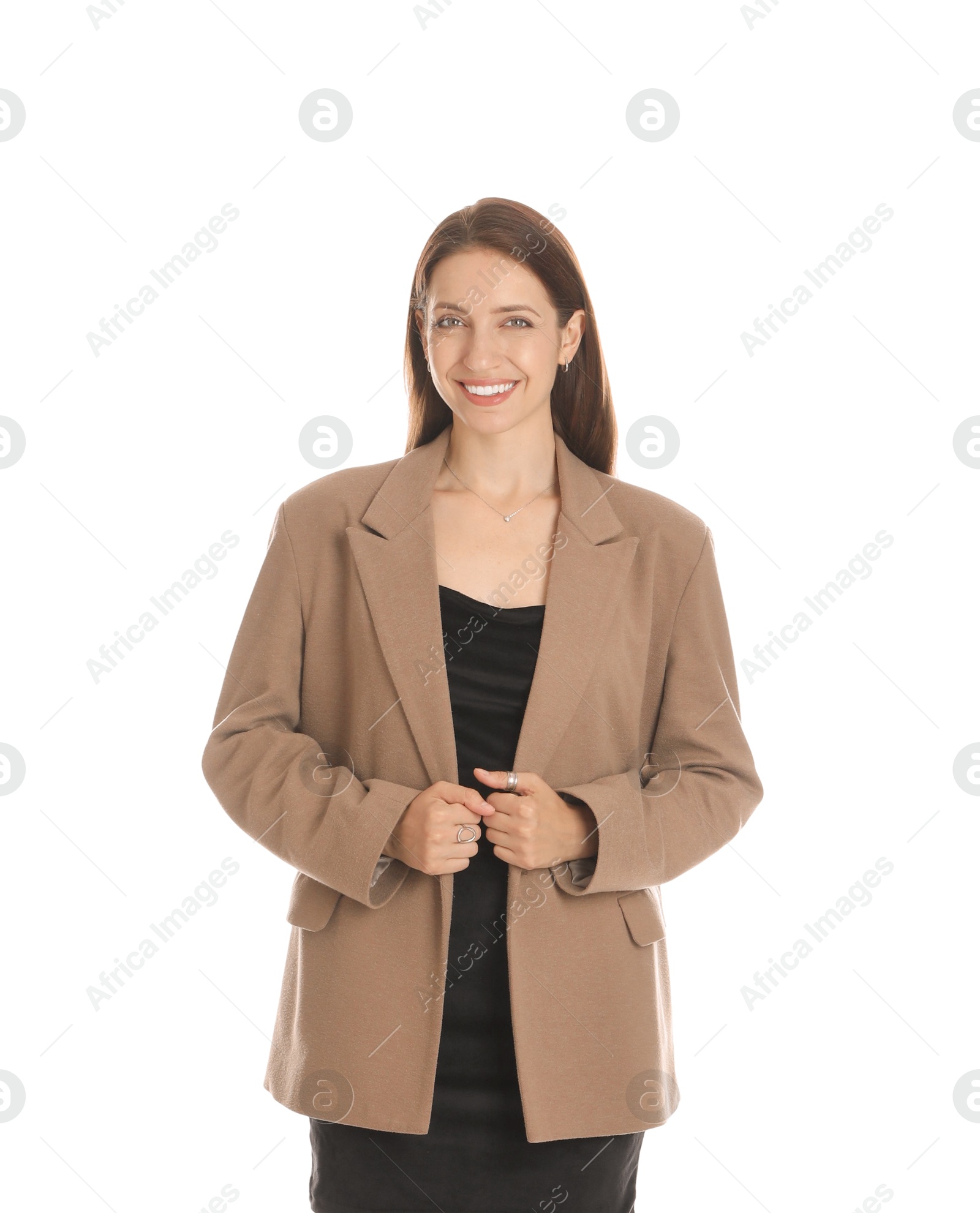 Photo of Beautiful woman in stylish brown jacket and black dress on white background