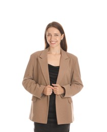 Photo of Beautiful woman in stylish brown jacket and black dress on white background