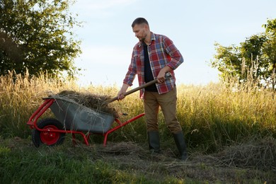 Farmer working with wheelbarrow full of mown grass outdoors