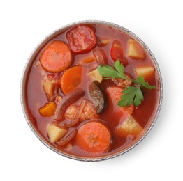 Photo of Delicious homemade stew in bowl isolated on white, top view