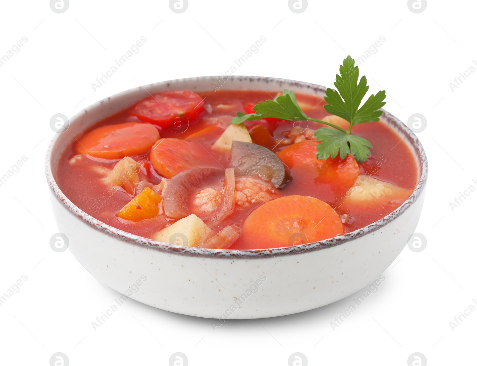 Photo of Delicious homemade stew in bowl isolated on white