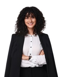 Beautiful young woman in black suit isolated on white