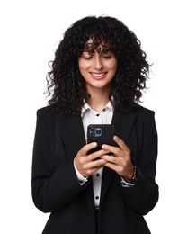 Photo of Beautiful young woman in black suit using smartphone on white background