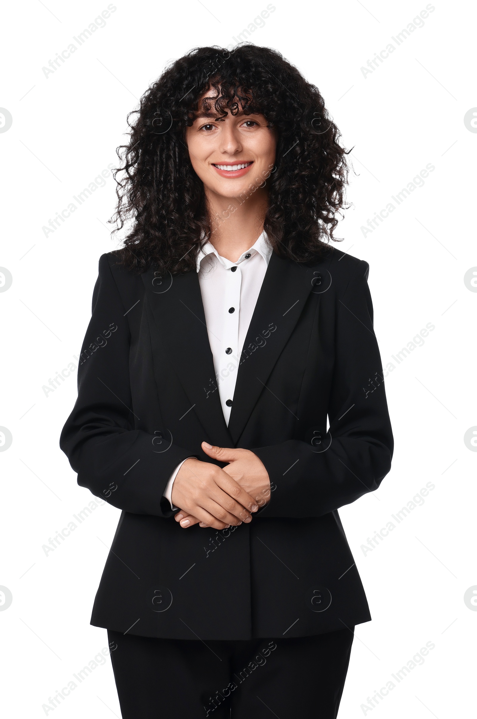 Photo of Beautiful young woman in black suit isolated on white