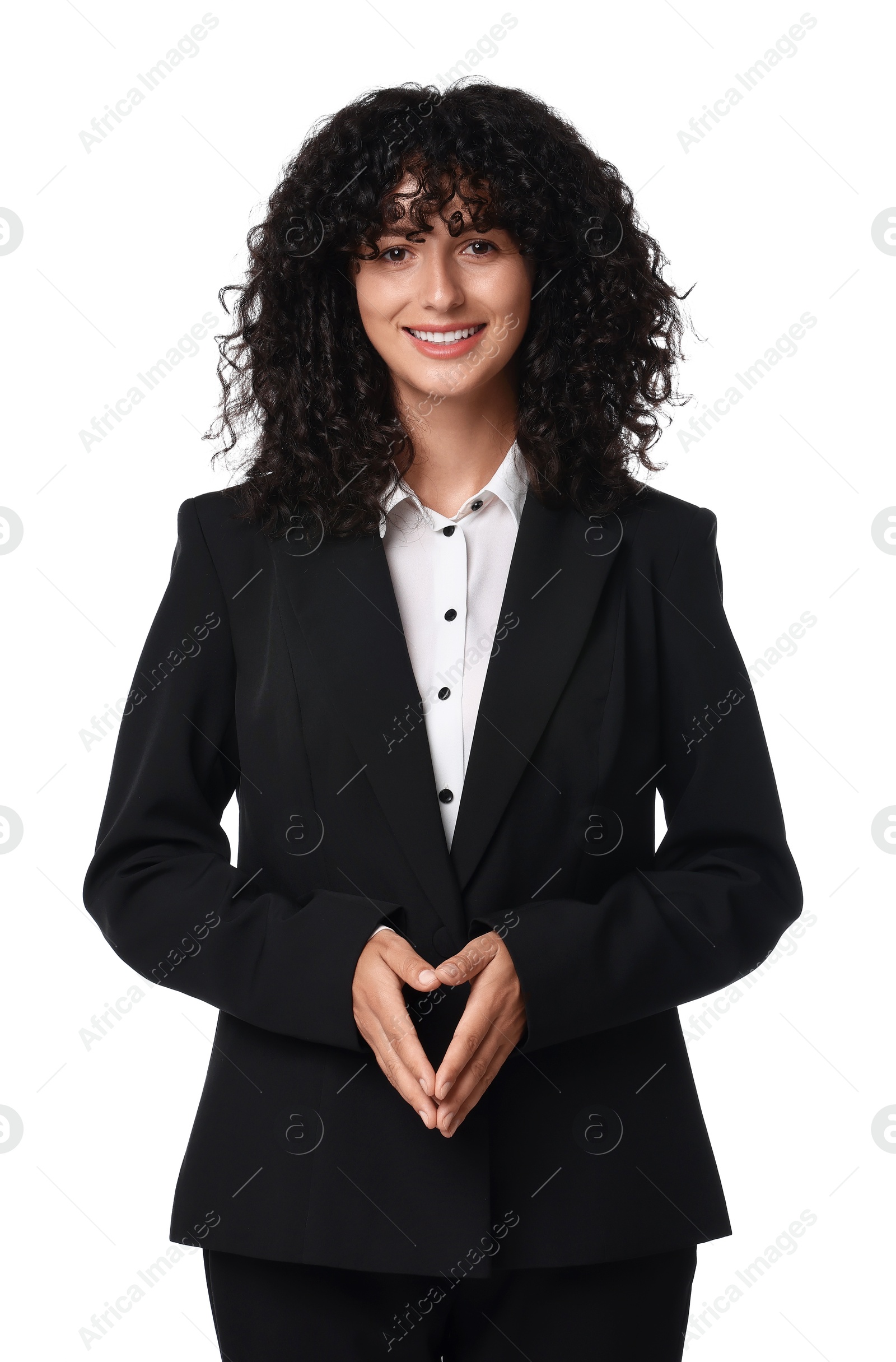 Photo of Beautiful young woman in black suit isolated on white