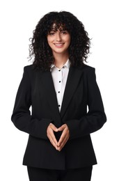 Beautiful young woman in black suit isolated on white