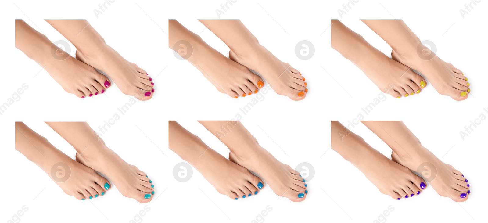 Image of Woman showing toenails covered with nail polishes of different colors on white background, closeup