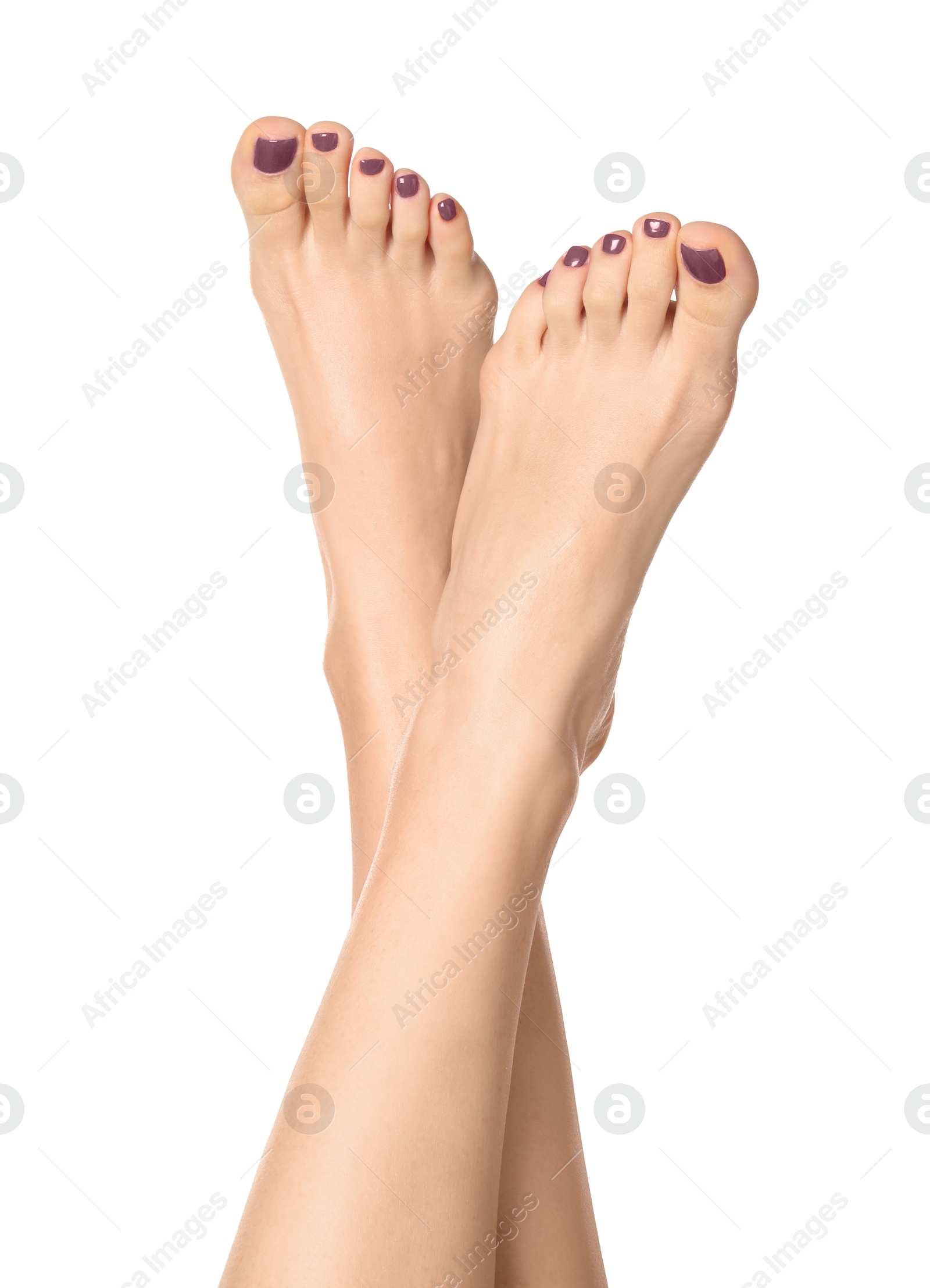 Image of Pedicure. Woman showing toenails covered with grey nail polish on white background, closeup