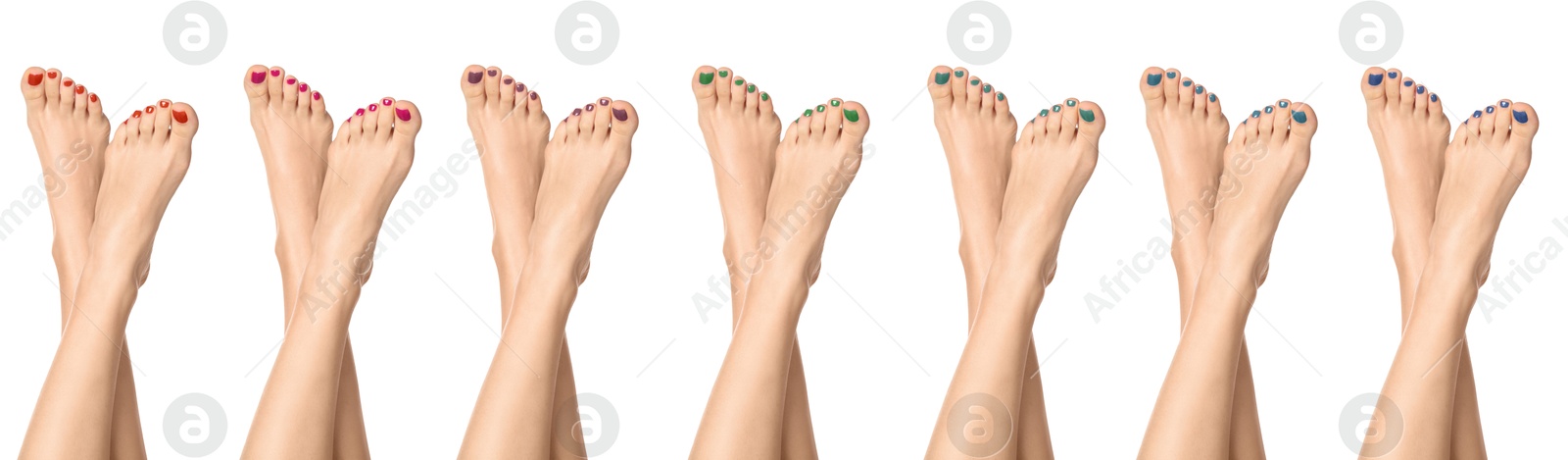 Image of Woman showing toenails covered with nail polishes of different colors on white background, closeup