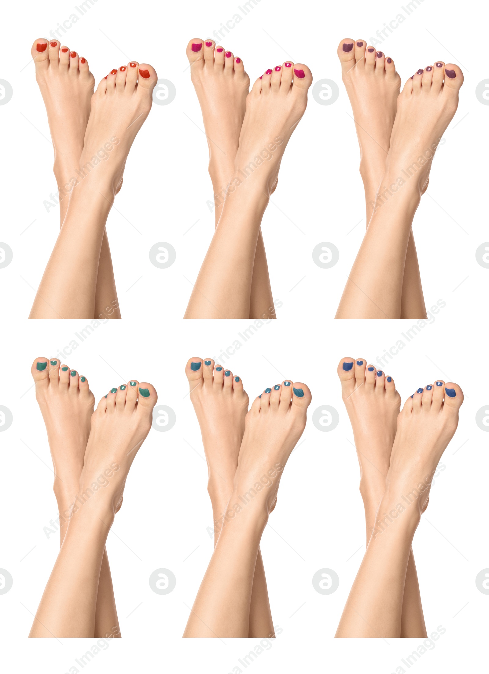 Image of Woman showing toenails covered with nail polishes of different colors on white background, closeup