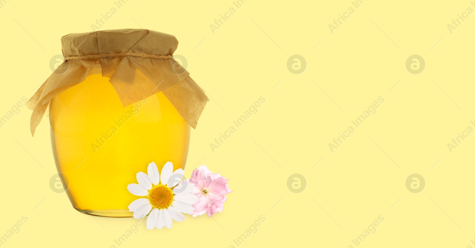 Image of Organic honey in glass jar and flower on pale yellow background. Banner design with space for text