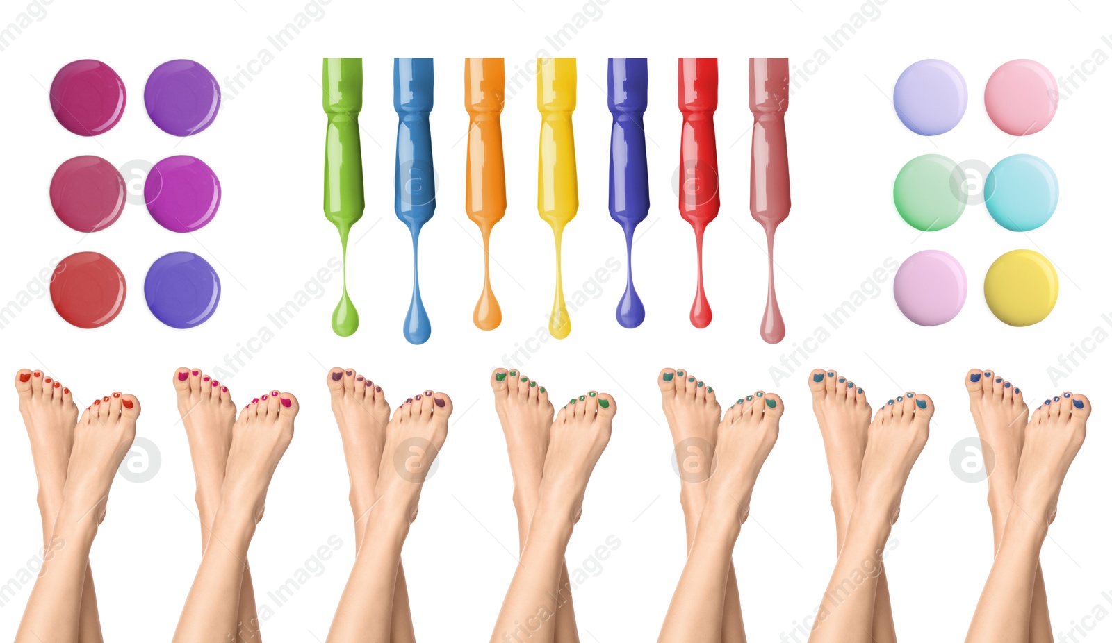 Image of Woman showing legs, nail polishes of different colors on white background, collage