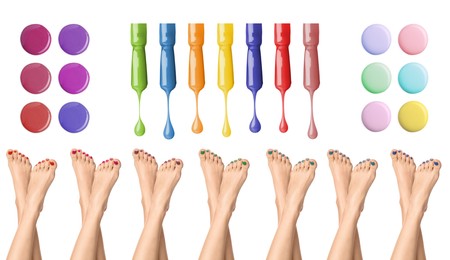 Image of Woman showing legs, nail polishes of different colors on white background, collage