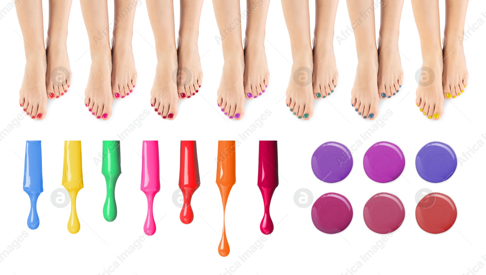 Image of Woman showing legs, nail polishes of different colors on white background, collage