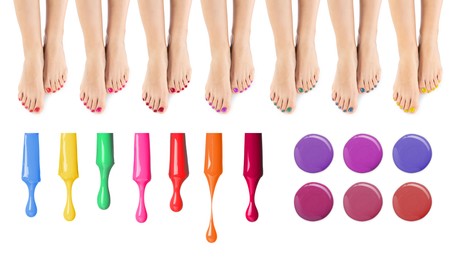 Image of Woman showing legs, nail polishes of different colors on white background, collage