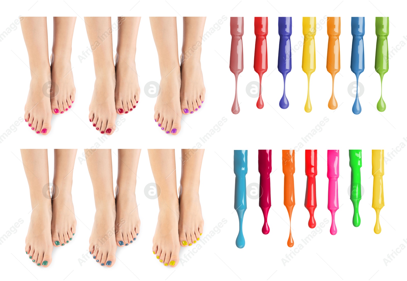 Image of Woman showing legs, nail polishes of different colors on white background, collage