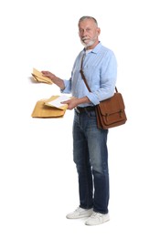 Photo of Postman with brown bag delivering letters on white background