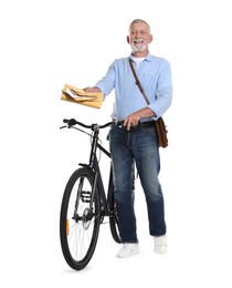 Photo of Happy postman with bicycle delivering letters on white background