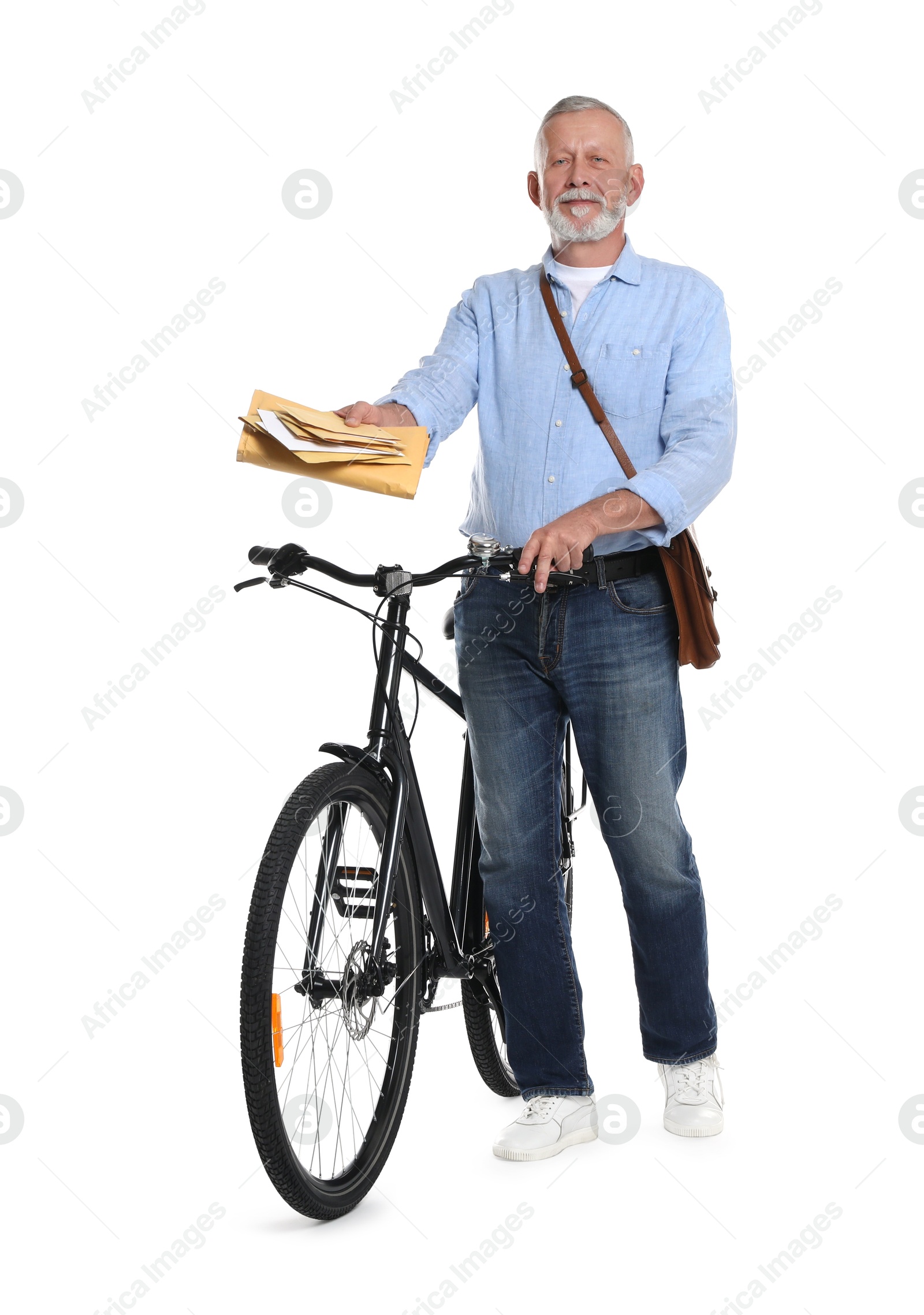 Photo of Postman with bicycle delivering letters on white background