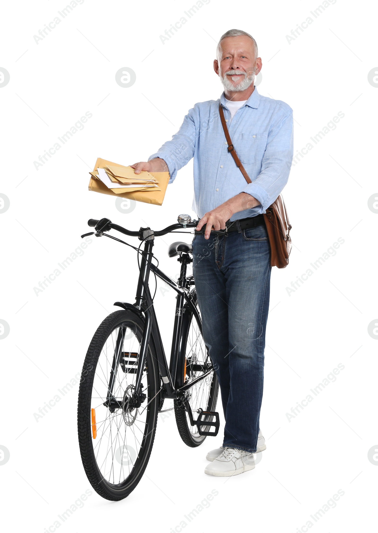 Photo of Postman with bicycle delivering letters on white background