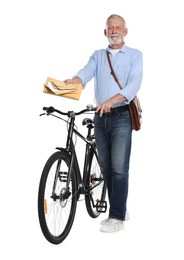 Photo of Postman with bicycle delivering letters on white background