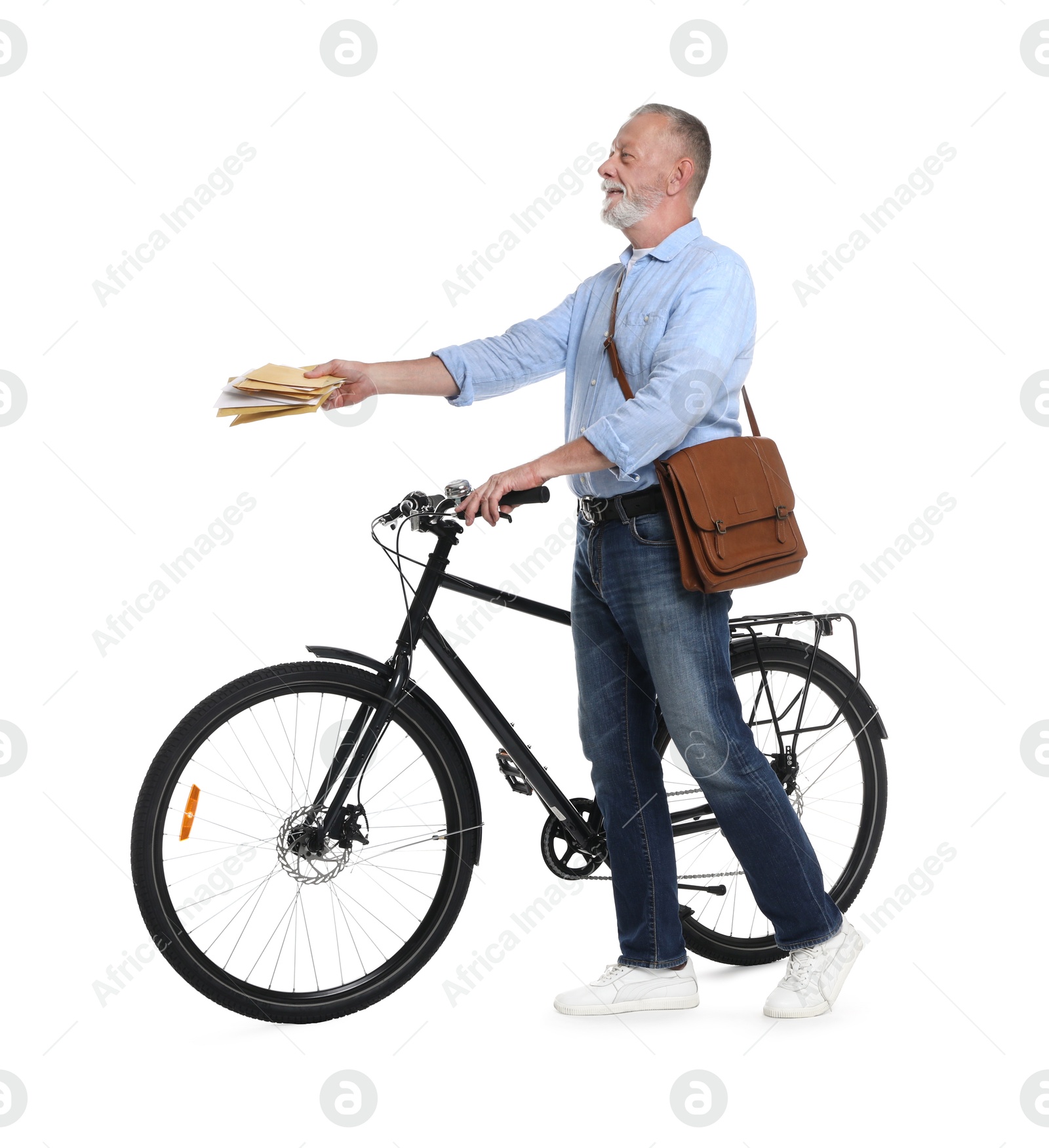 Photo of Happy postman with bicycle delivering letters on white background