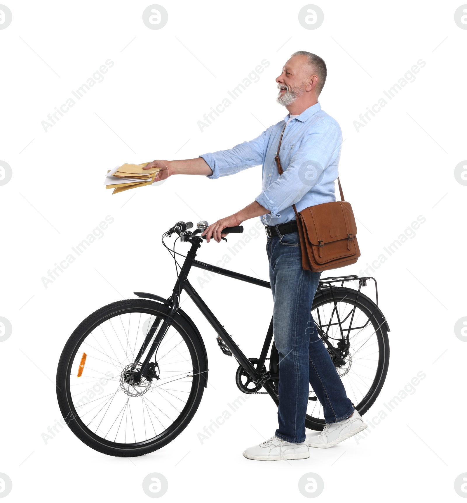 Photo of Happy postman with bicycle delivering letters on white background