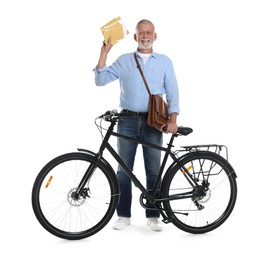 Happy postman with bicycle delivering letters on white background