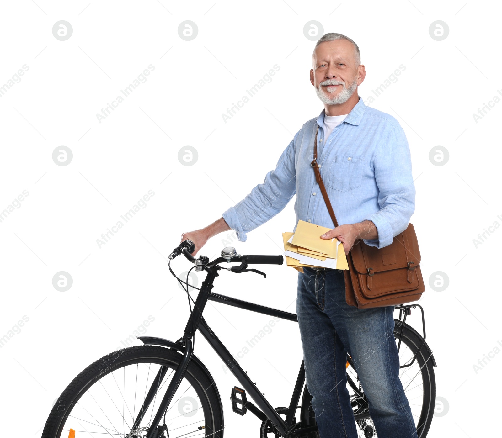 Photo of Happy postman with bicycle delivering letters on white background