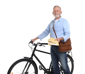 Happy postman with bicycle delivering letters on white background