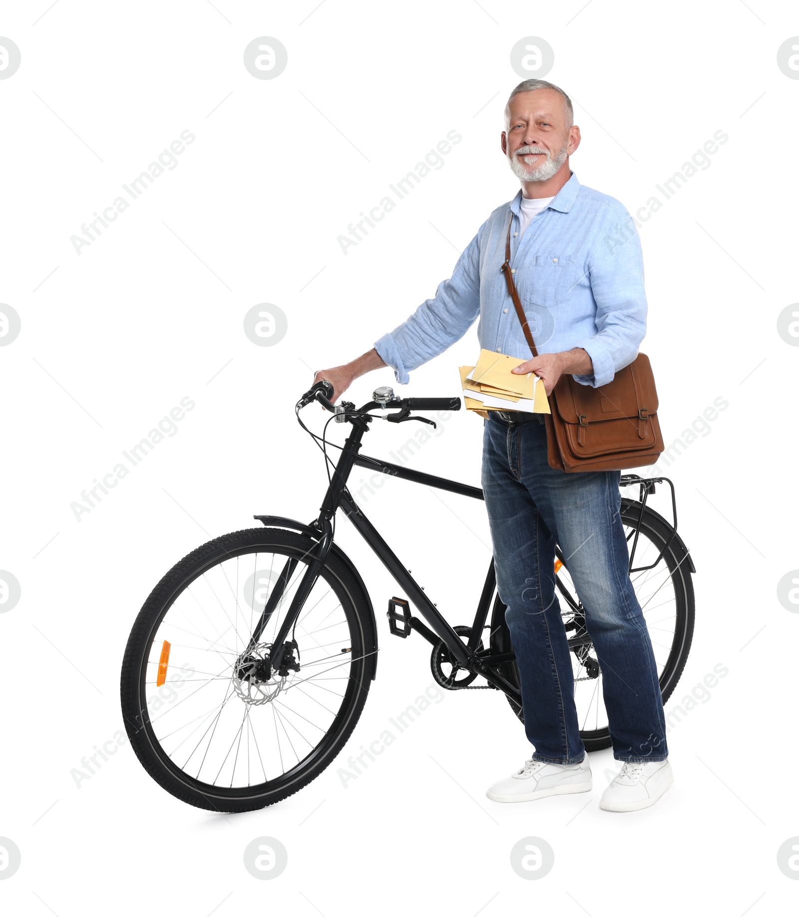 Photo of Happy postman with bicycle delivering letters on white background