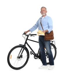 Photo of Postman with bicycle delivering letters on white background