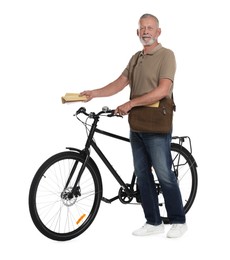 Happy postman with bicycle delivering letters on white background