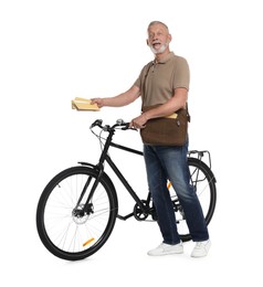 Happy postman with bicycle delivering letters on white background