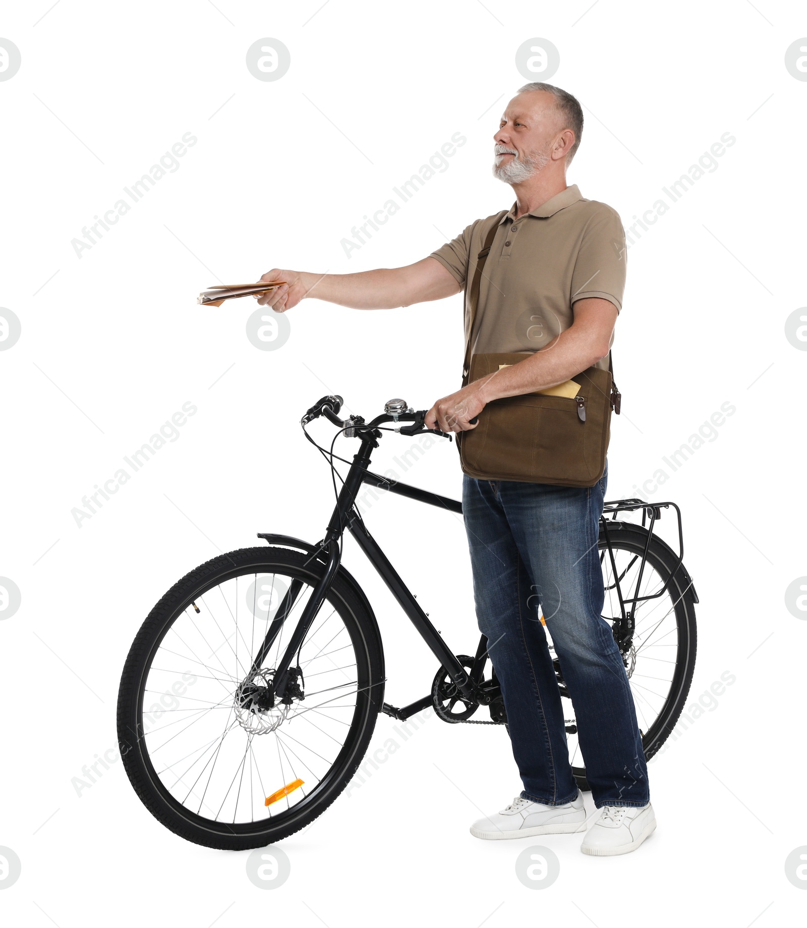 Photo of Happy postman with bicycle delivering letters on white background