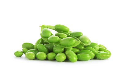 Photo of Raw green edamame soybeans and pods isolated on white