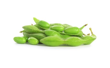 Photo of Raw green edamame soybeans and pods isolated on white