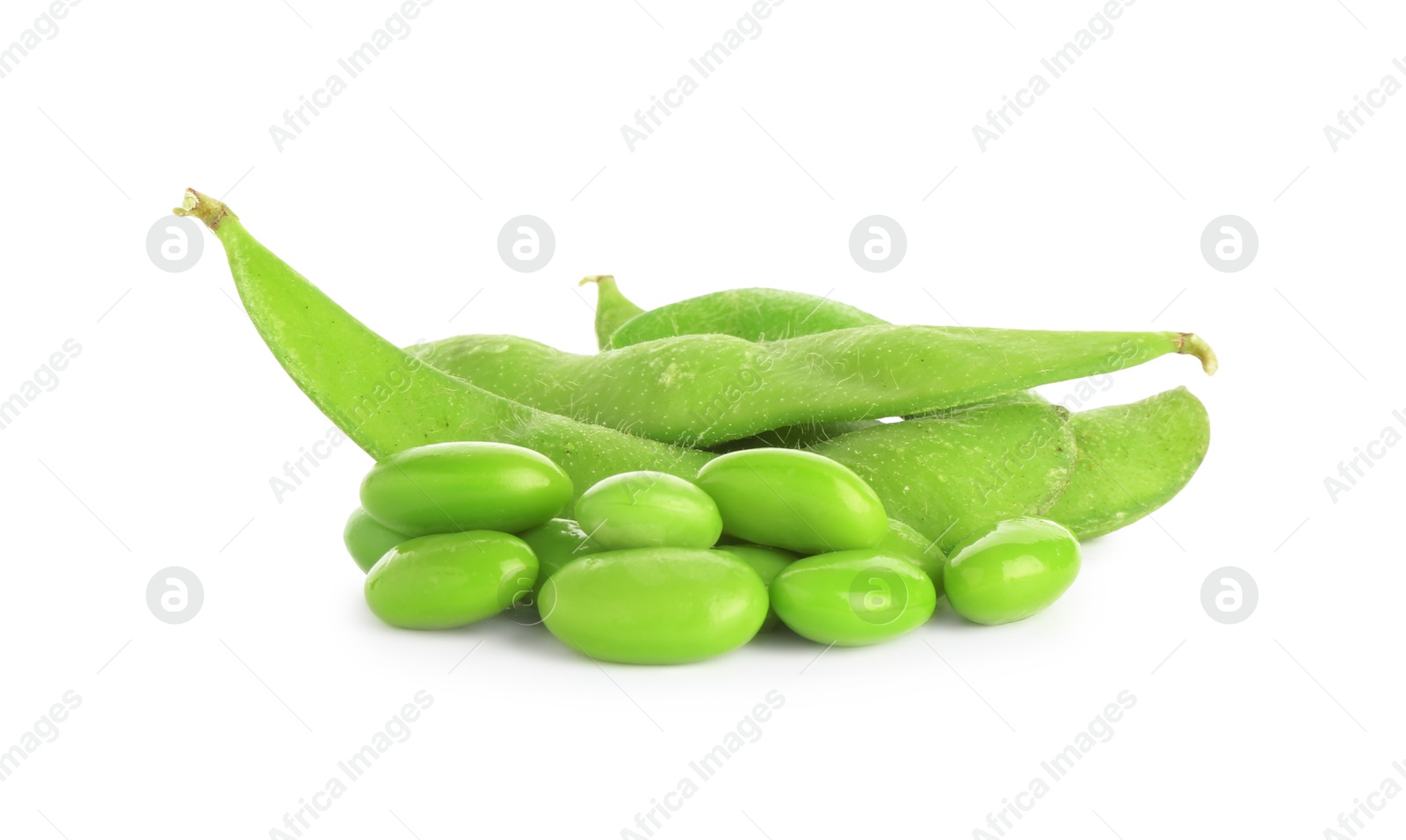 Photo of Raw green edamame soybeans and pods isolated on white