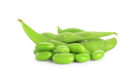 Photo of Raw green edamame soybeans and pods isolated on white