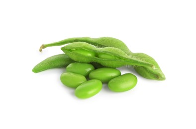 Photo of Raw green edamame soybeans and pods isolated on white