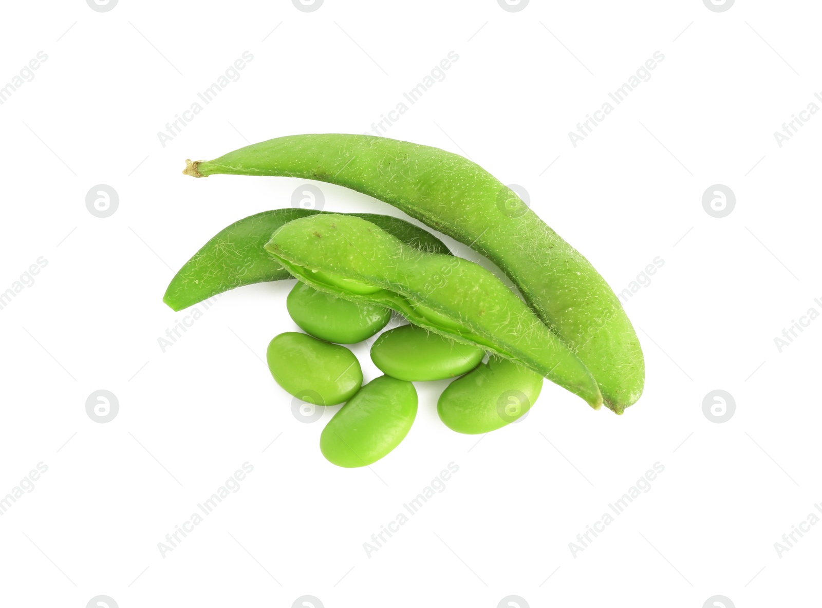 Photo of Raw green edamame soybeans and pods isolated on white, top view