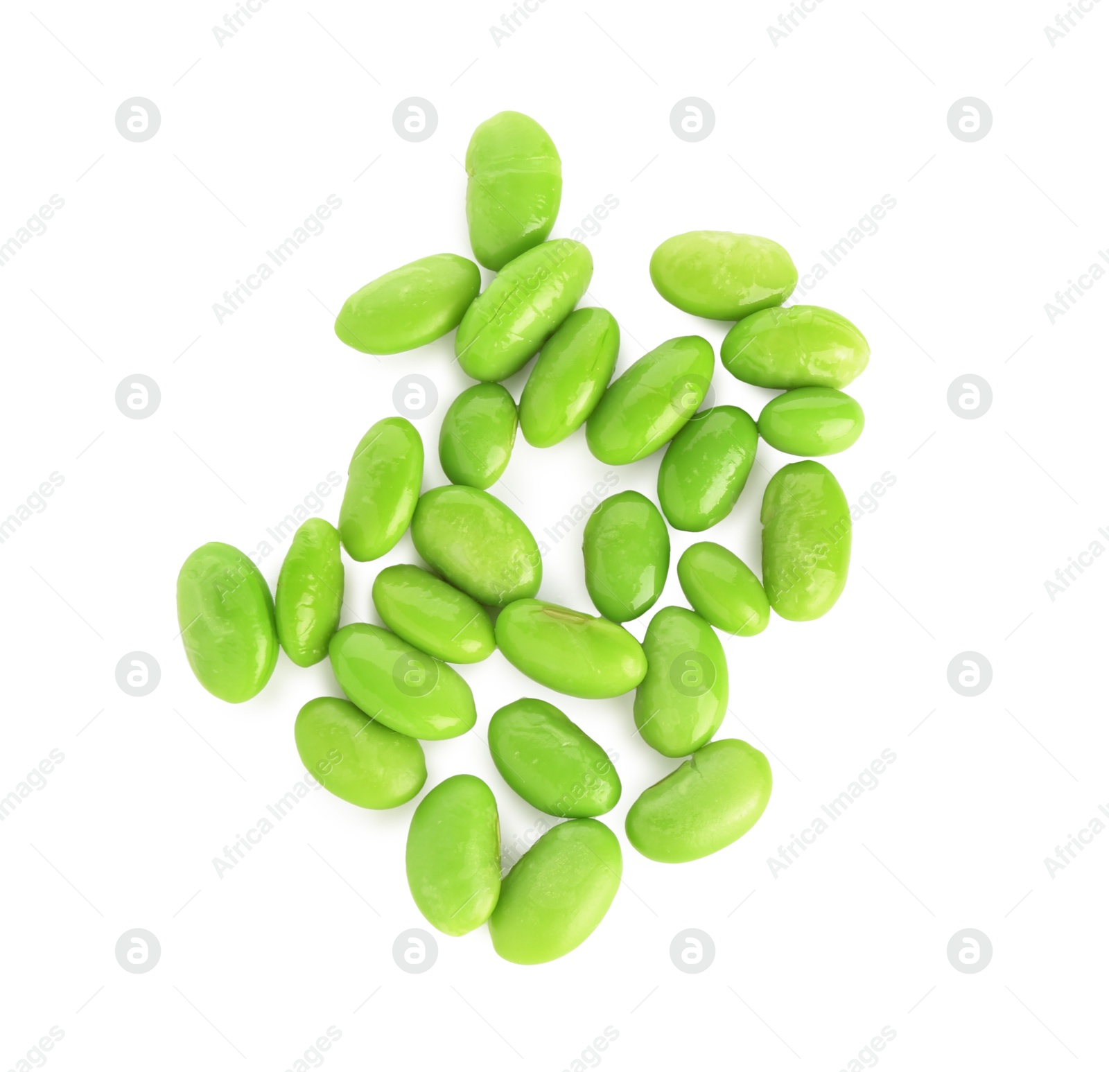 Photo of Raw green edamame soybeans isolated on white, top view