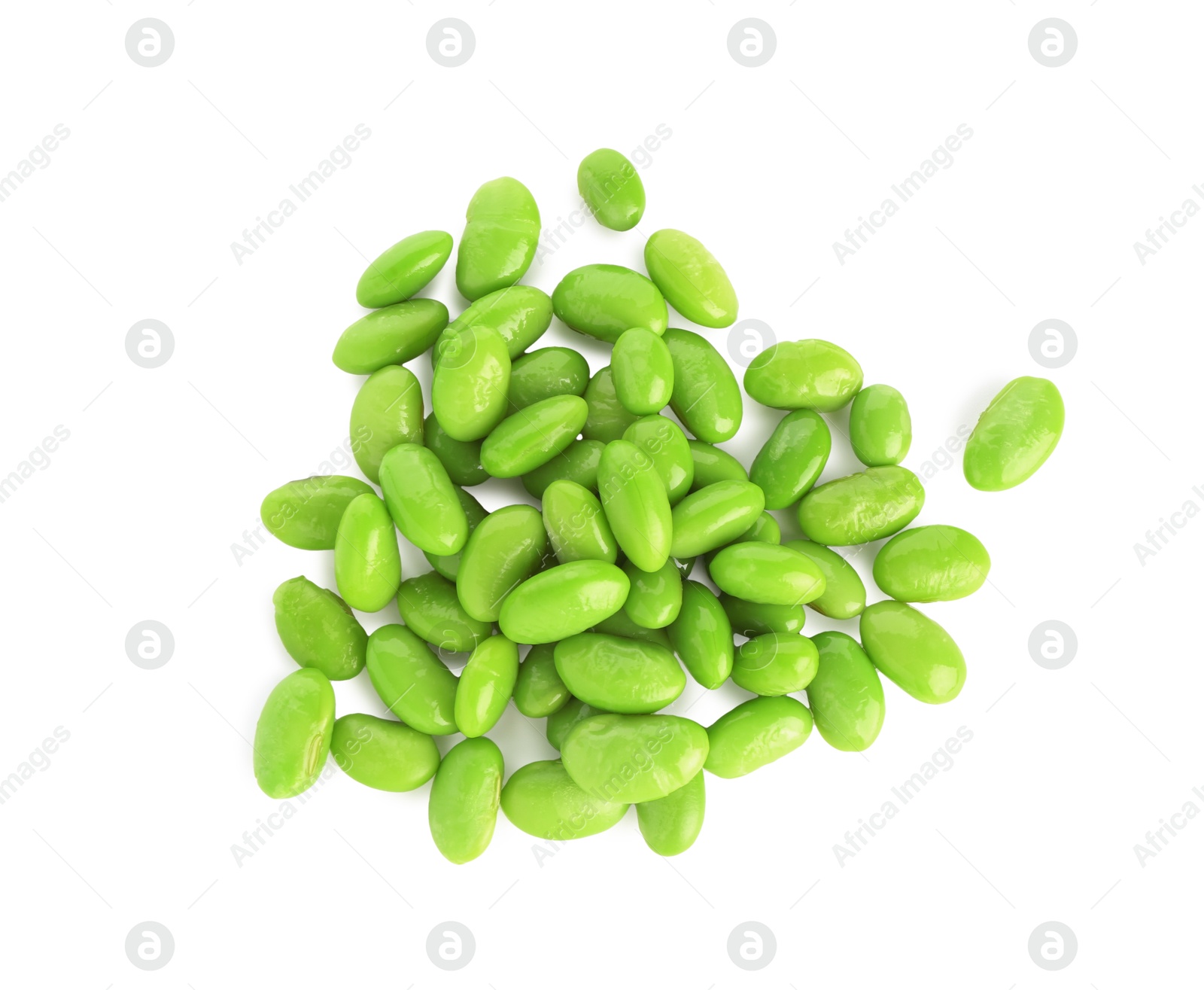 Photo of Raw green edamame soybeans isolated on white, top view