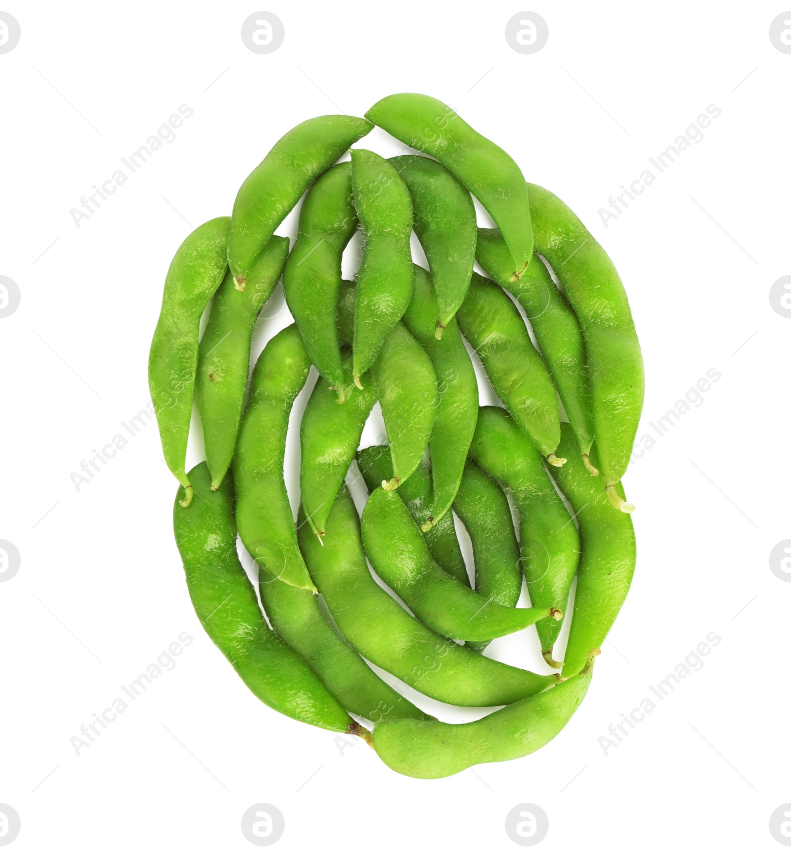 Photo of Raw green edamame pods isolated on white, top view